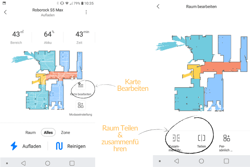 Funktion in der App um Räume zu teilen oder zusammenzuführen